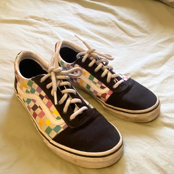 VANS Old Skool Low Top Rainbow Checkerboard Suede Toe Cap Lace Up Womens Size 6 - Picture 2 of 4